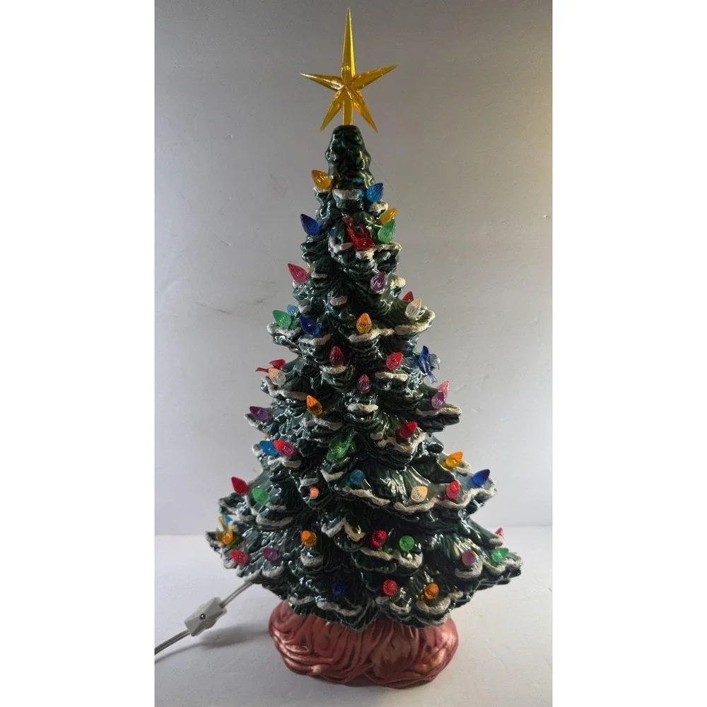Vintage 1987 Lighted Ceramic Christmas Tree Snow Flocked Multi Color Bird Bulbs